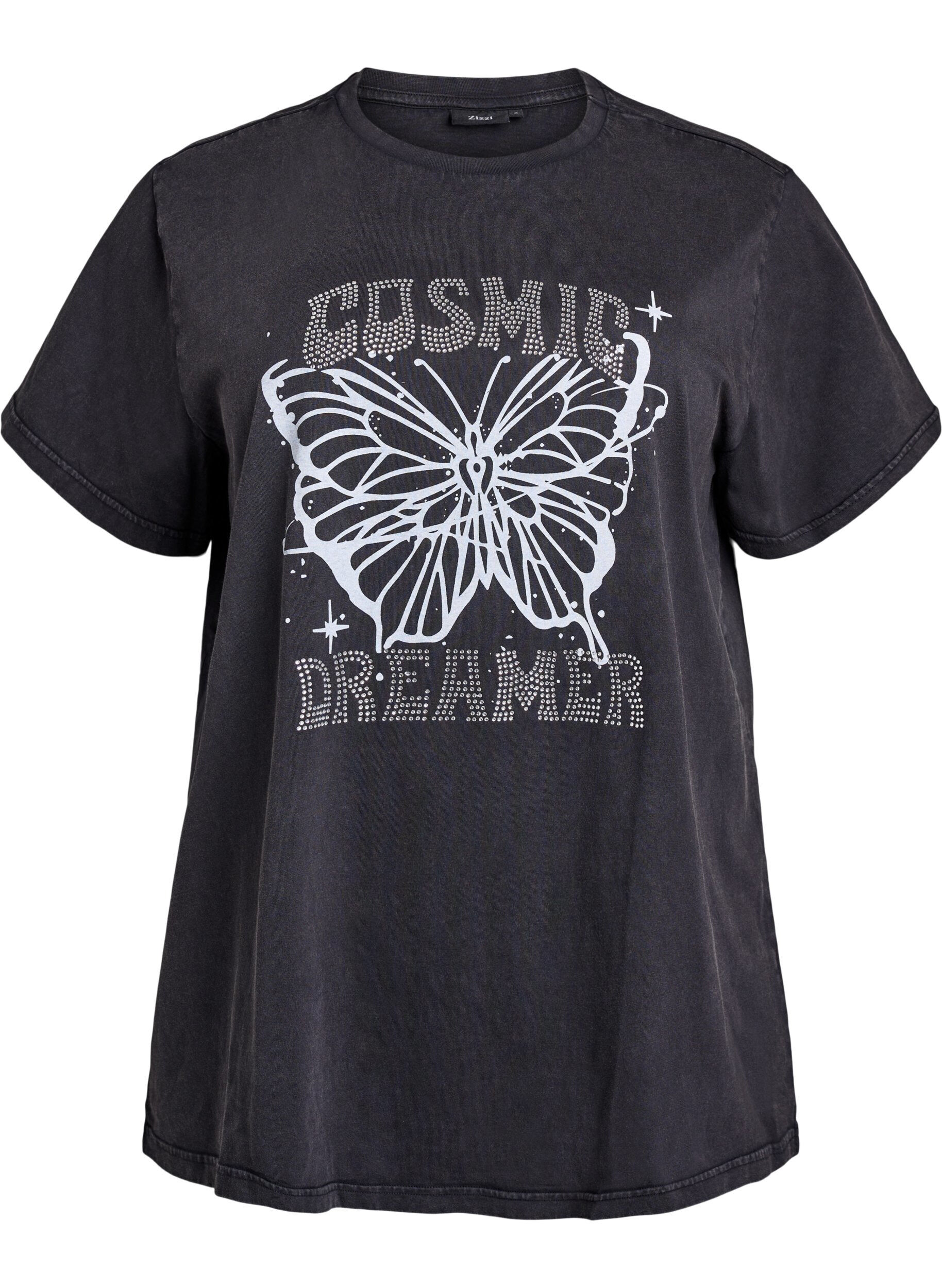 Zizzi T-shirt en coton biologique avec des strass et un motif de papillon, Gris, Packshot image number 0