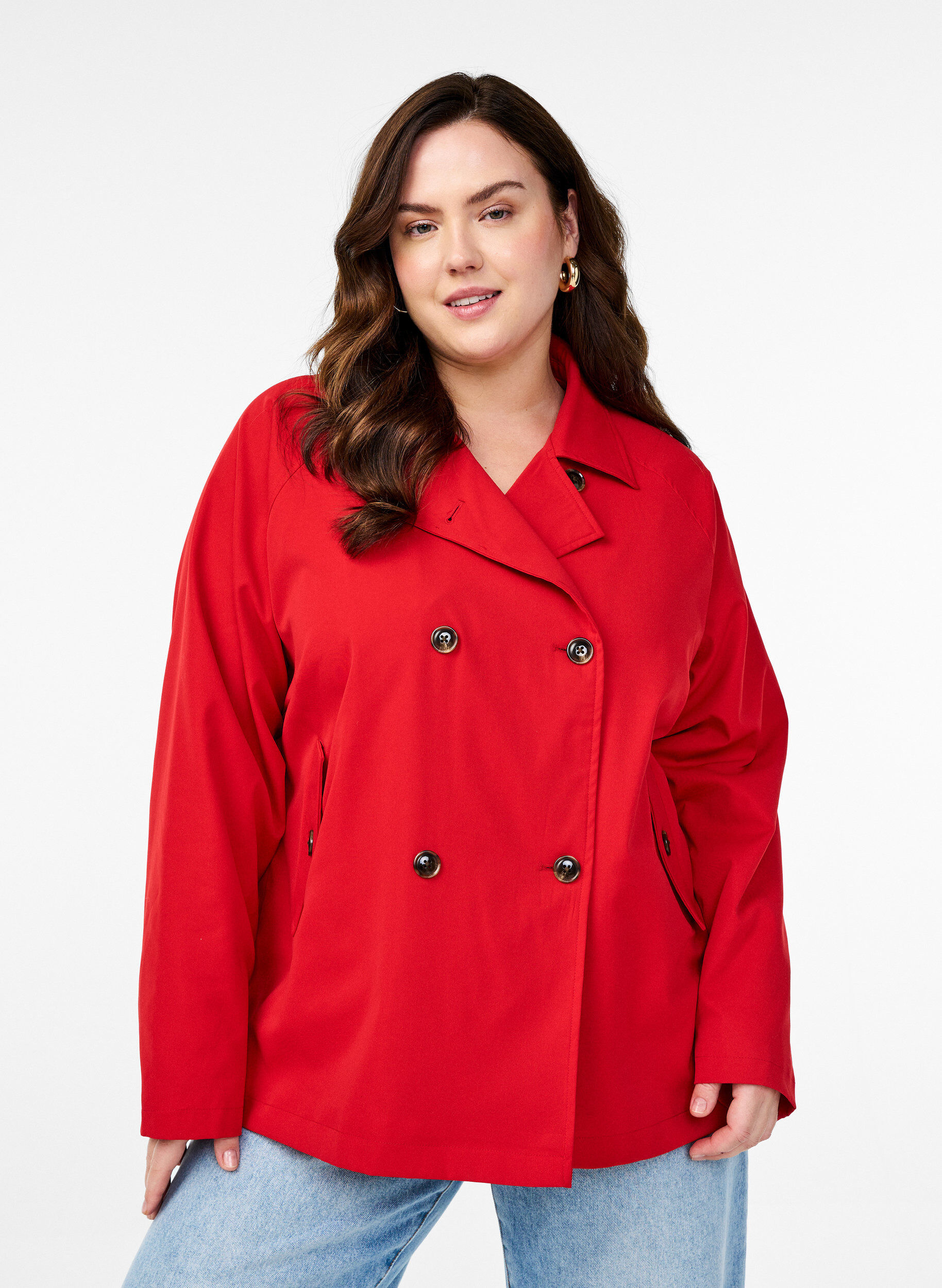 Trench court avec poches, Rouge, Model
