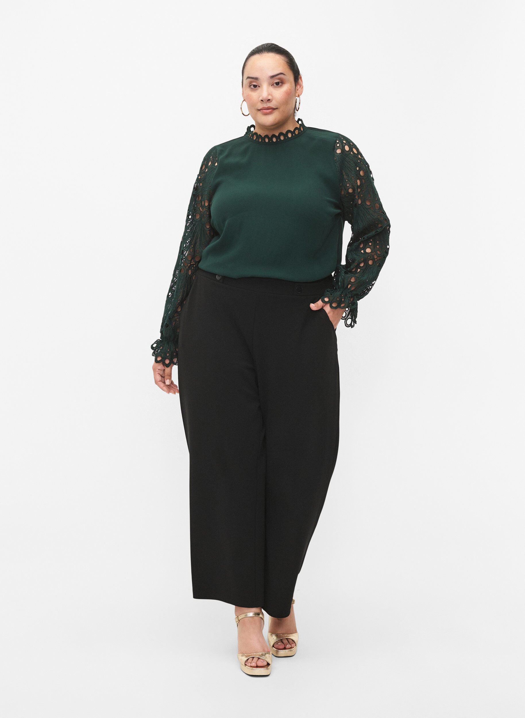 Zizzi Chemisier en viscose avec manches en crochet, Scarab, Model image number 2