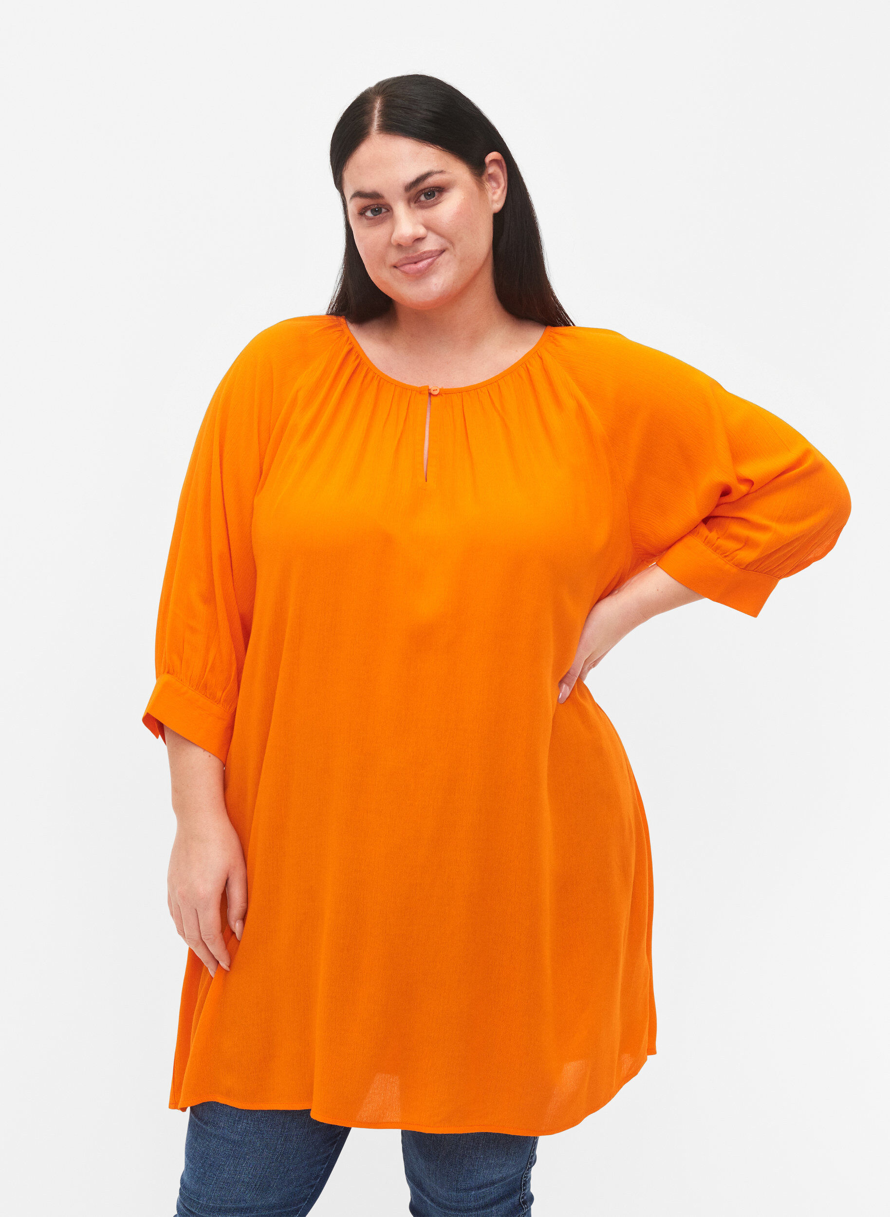 Zizzi Tunique en viscose &agrave; manches 3/4, Orange, Model image number 0