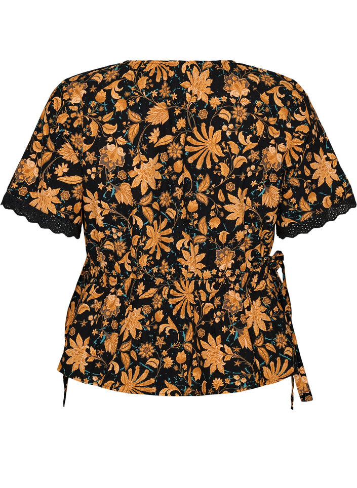 Blouse fleurie en coton avec lien &agrave; nouer, Orange, Packshot image number 1