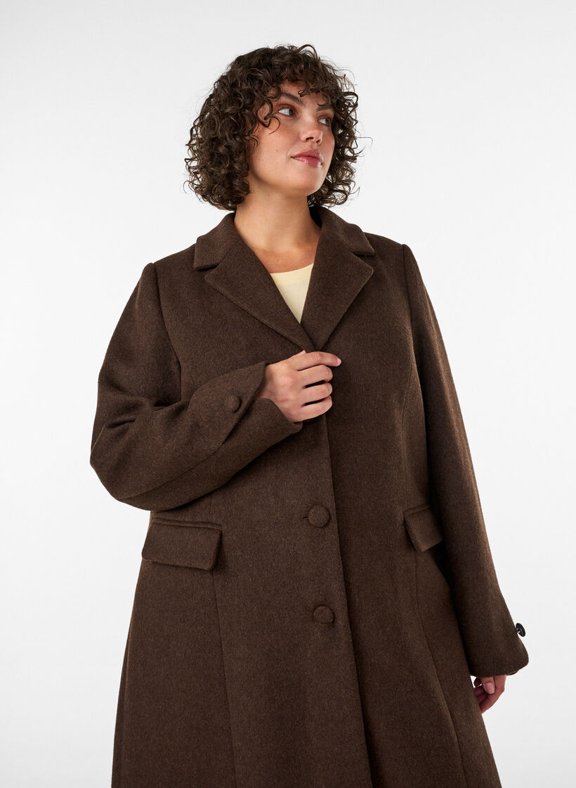 Manteau en m&eacute;lange de laine avec revers et boutons, Marron, Model image number 3
