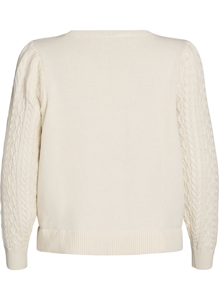 Blouse en maille avec motif torsad&eacute; et fleurs brod&eacute;es, Blanc, Packshot