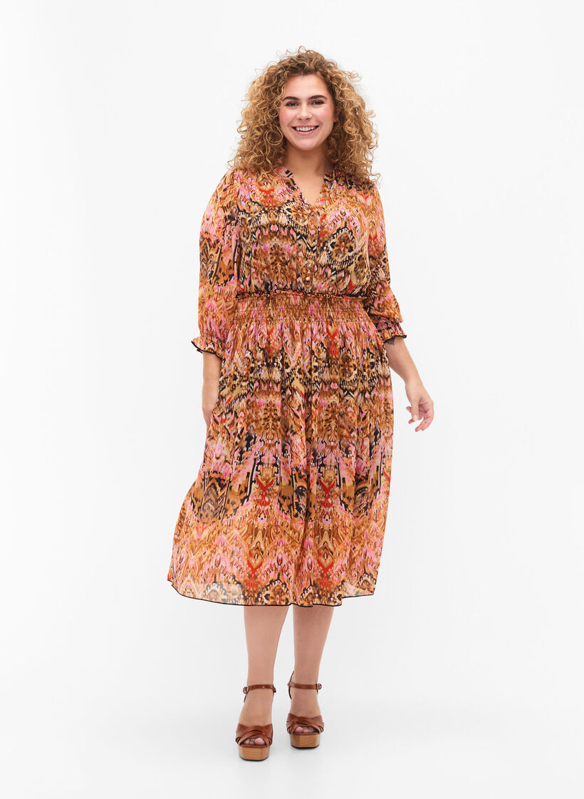 Robe midi imprimée avec smock et manches 3/4, Colorful Ethnic, Model image number 2