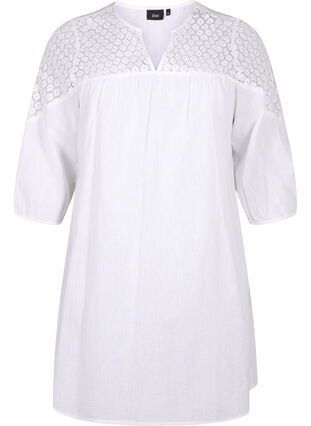 Robe en mélange de coton et de lin agrémentée de détails en crochet, Bright White, Packshot image number 0
