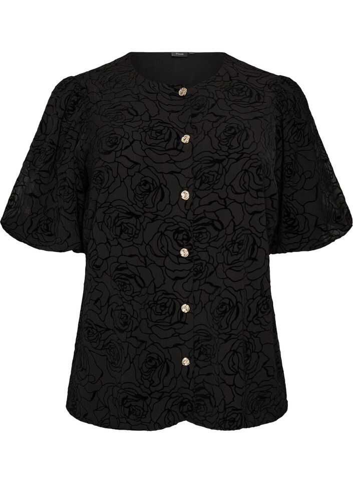 Blouse avec motif floral et manches ballon, Noir, Packshot image number 0