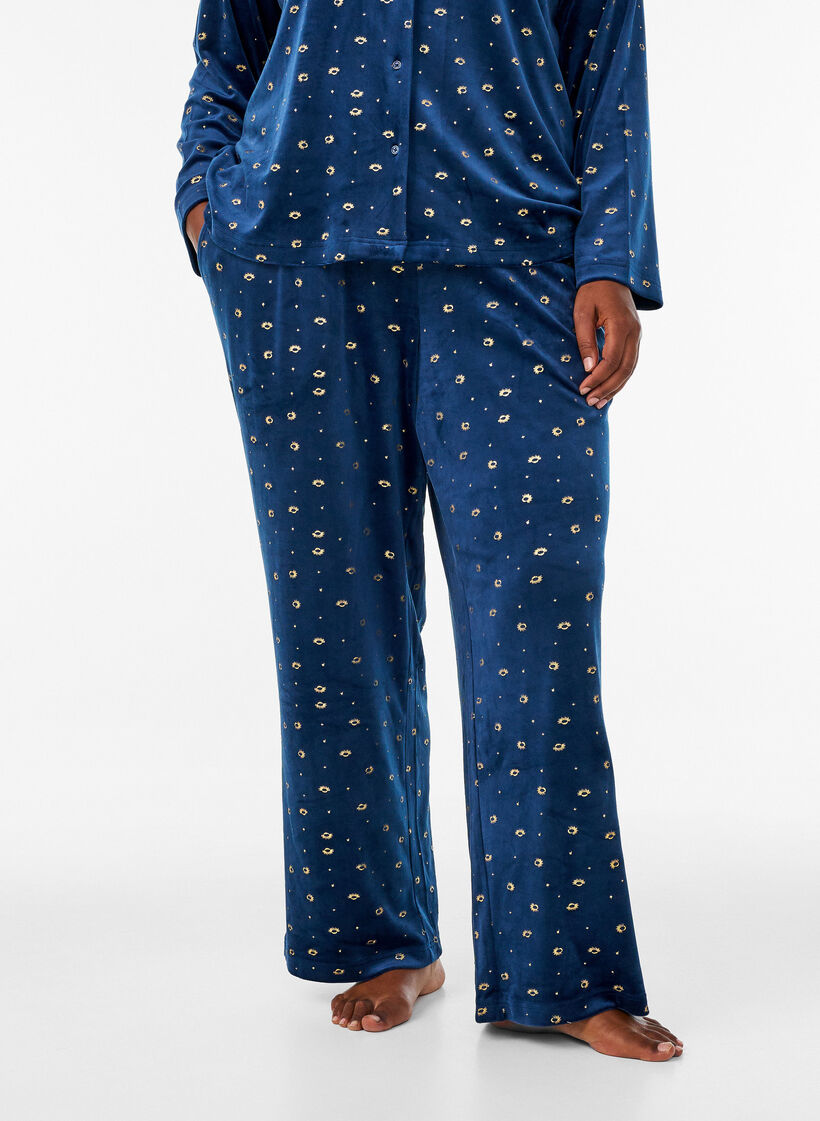 Bas de pyjama en velours avec un imprim&eacute; int&eacute;gral, Bleu, Model image number 2