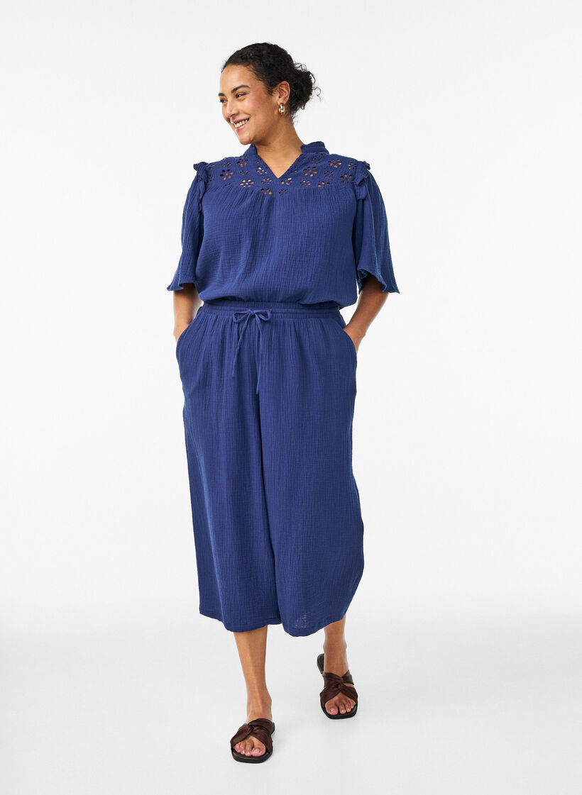 Pantalon culotte en mousseline de coton avec taille haute, Bleu, Model image number 0