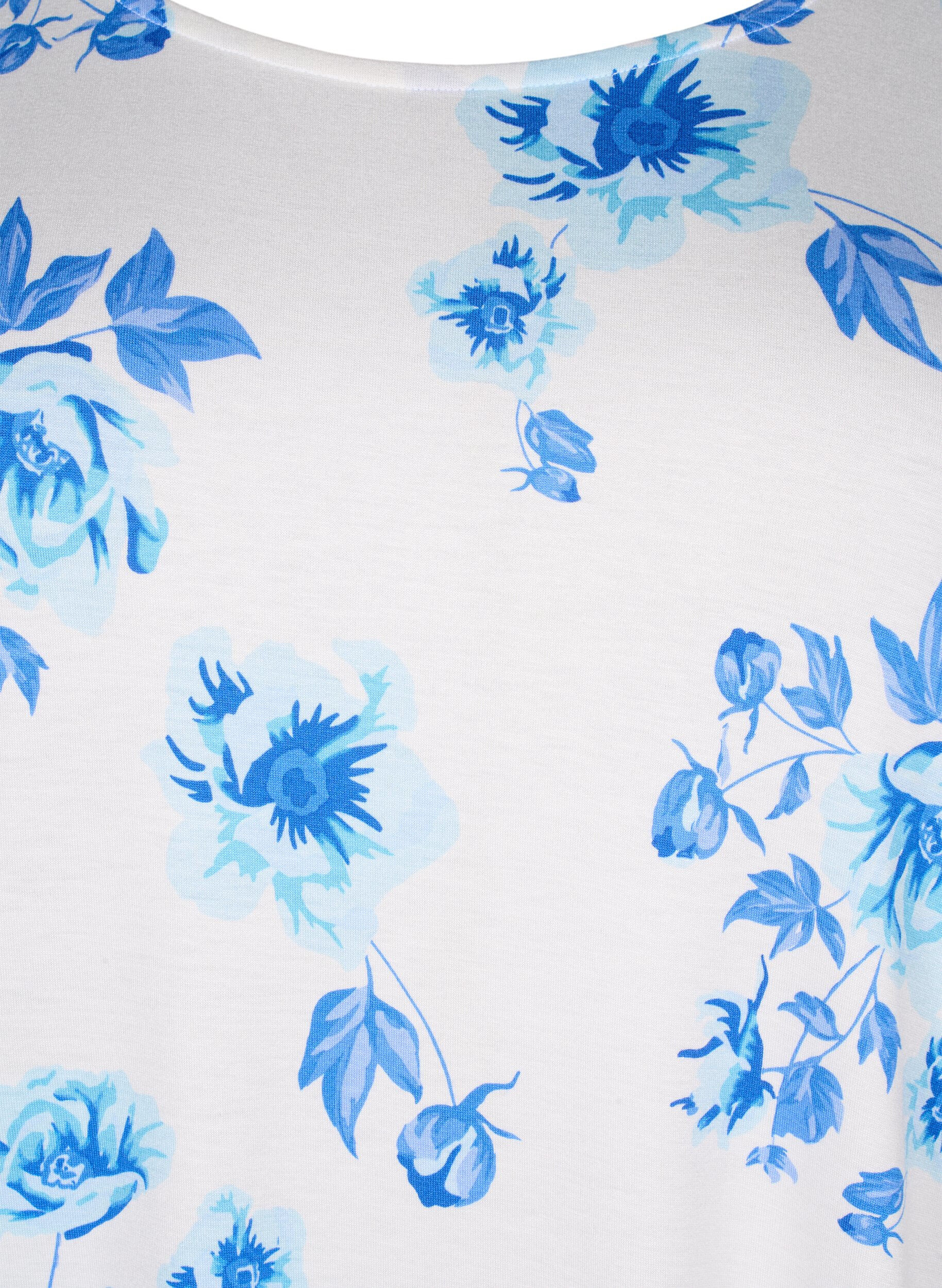 Zizzi Chemisier floral &agrave; manches courtes en viscose, White Blue AOP, Packshot image number 2