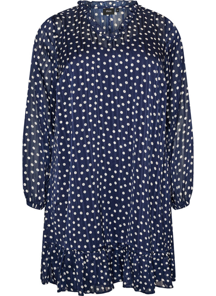 Robe &agrave; motifs avec volants et manches longues, Bleu, Packshot image number 0