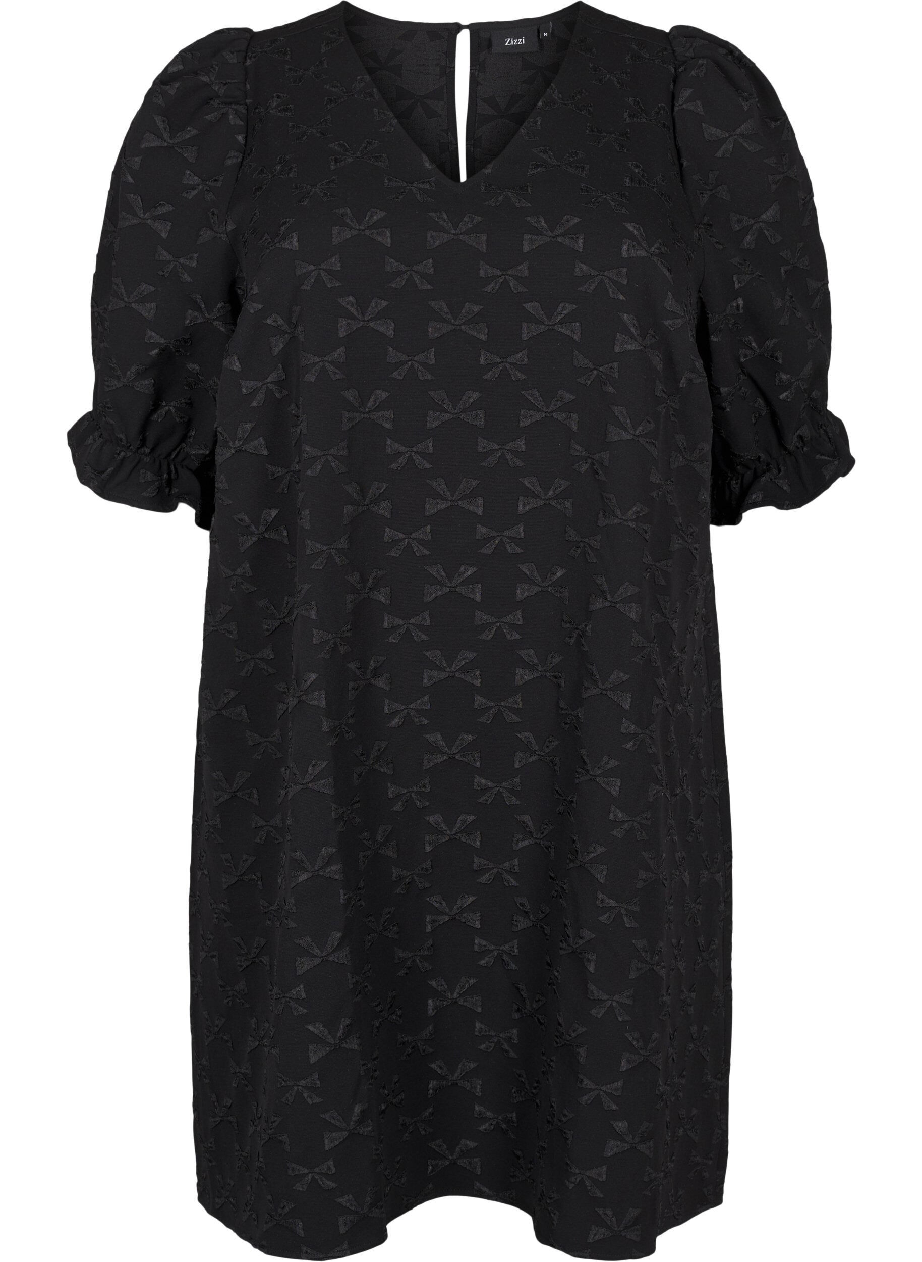 Zizzi Robe jacquard courte avec des n&oelig;uds, Black W. Bow, Packshot image number 0