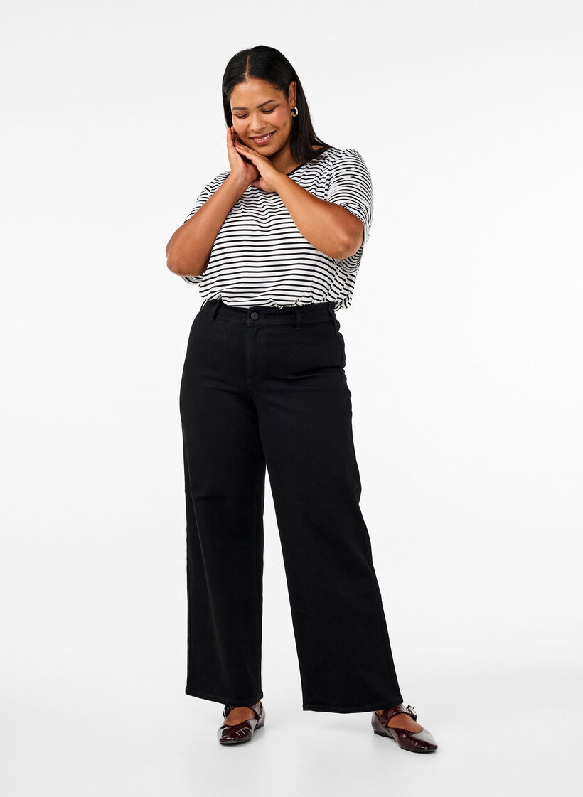 Jean large taille haute, Noir, Model image number 0