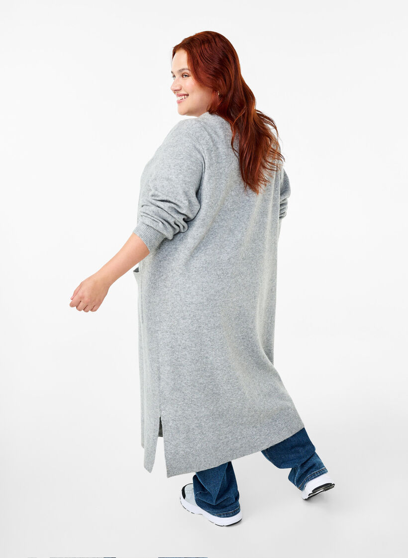 Long cardigan tricoté avec poches, Light Grey Melange, Model image number 1