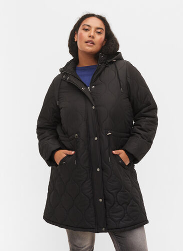 Veste thermique matelassée avec doublure en polaire et capuche amovible, Black, Model image number 0