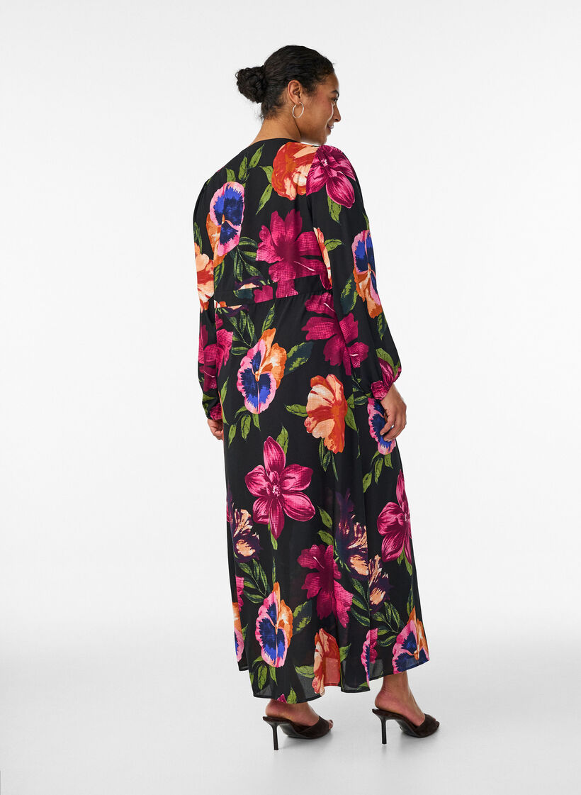 Robe maxi avec encolure cache-c&oelig;ur et manches longues, Noir, Model image number 1