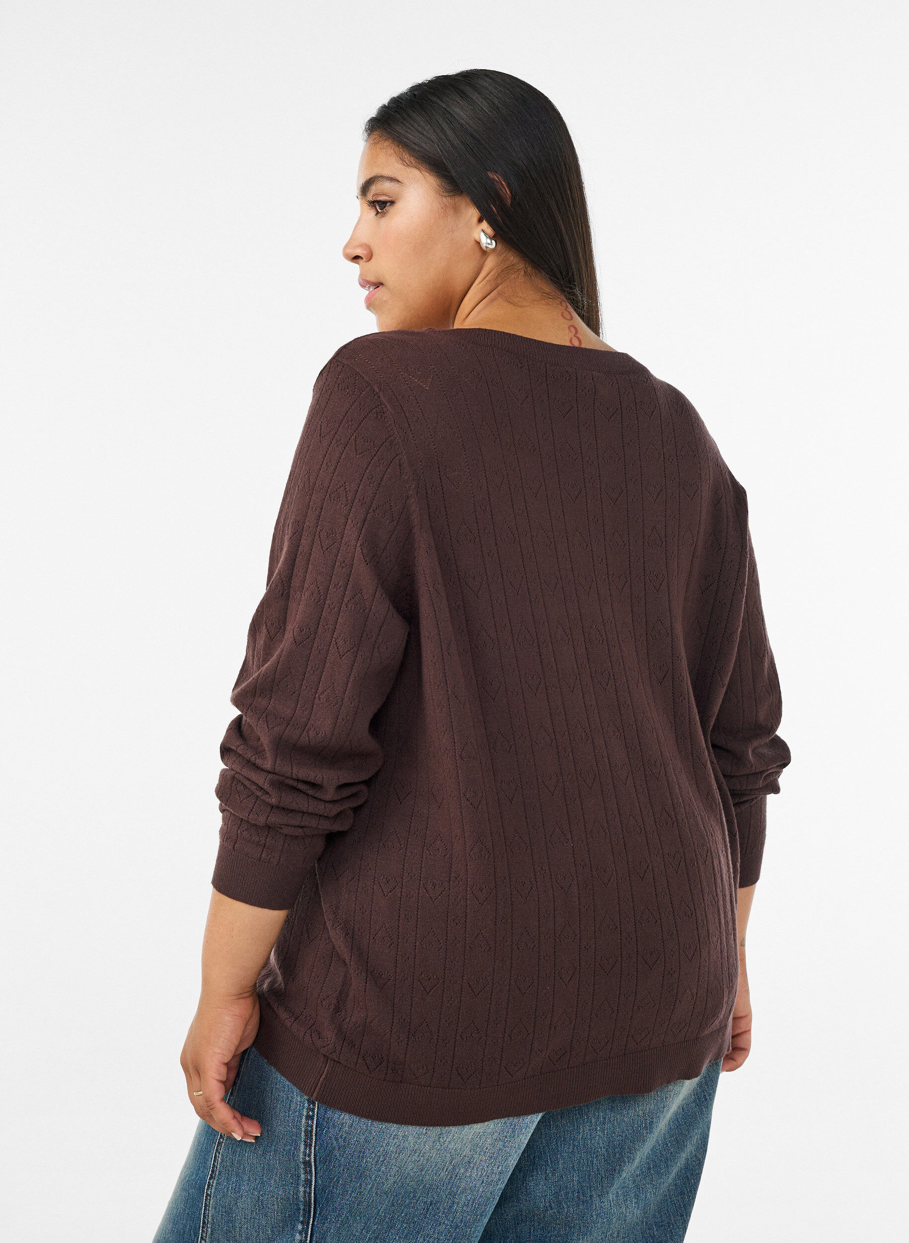ZizziCardigan en maille avec broderie ajour&eacute;e en forme de c&oelig;ur, Marron, Model image number 2