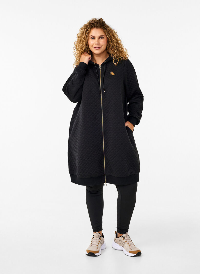 Cardigan matelassé long avec fermeture éclair pour le sport, Noir, Model image number 1