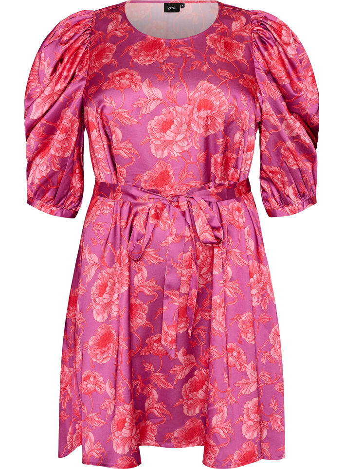 Robe &agrave; fleurs avec manches bouffantes et ceinture &agrave; nouer, Rose, Packshot image number 0
