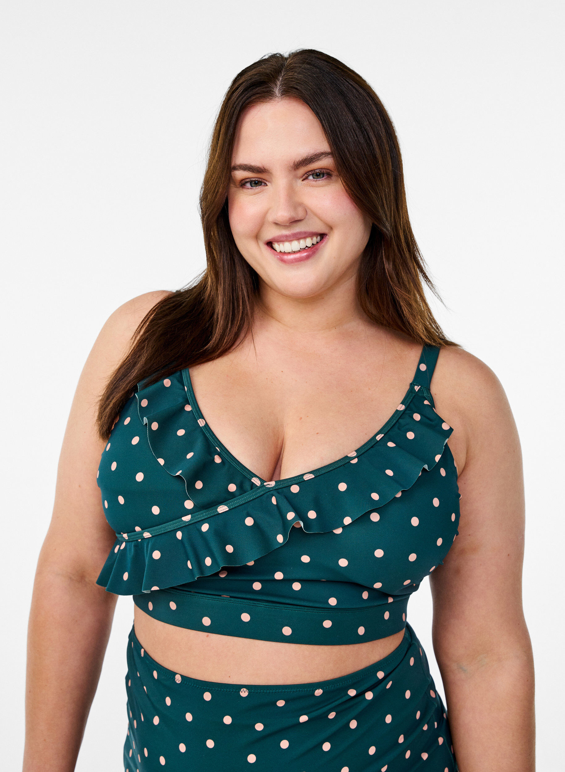 ZizziHaut de bikini &agrave; pois avec volants, Vert fonc&eacute;, Model image number 0