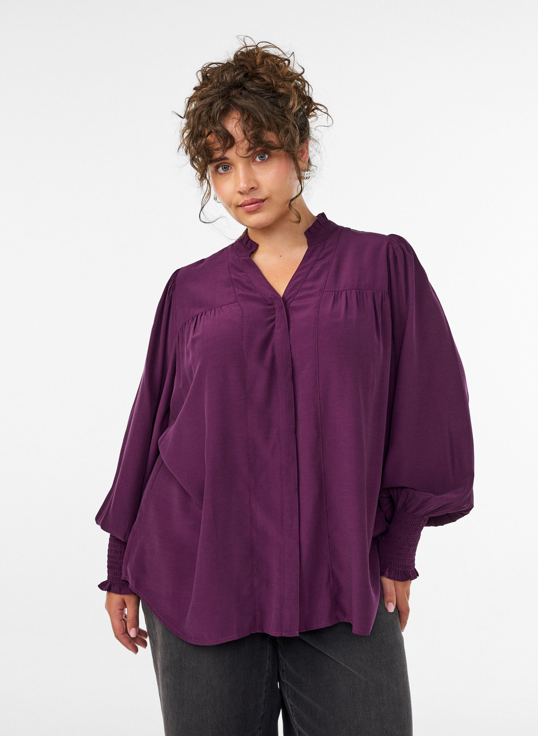 ZizziBlouse avec col &agrave; volants et fronces, Violet, Model image number 0