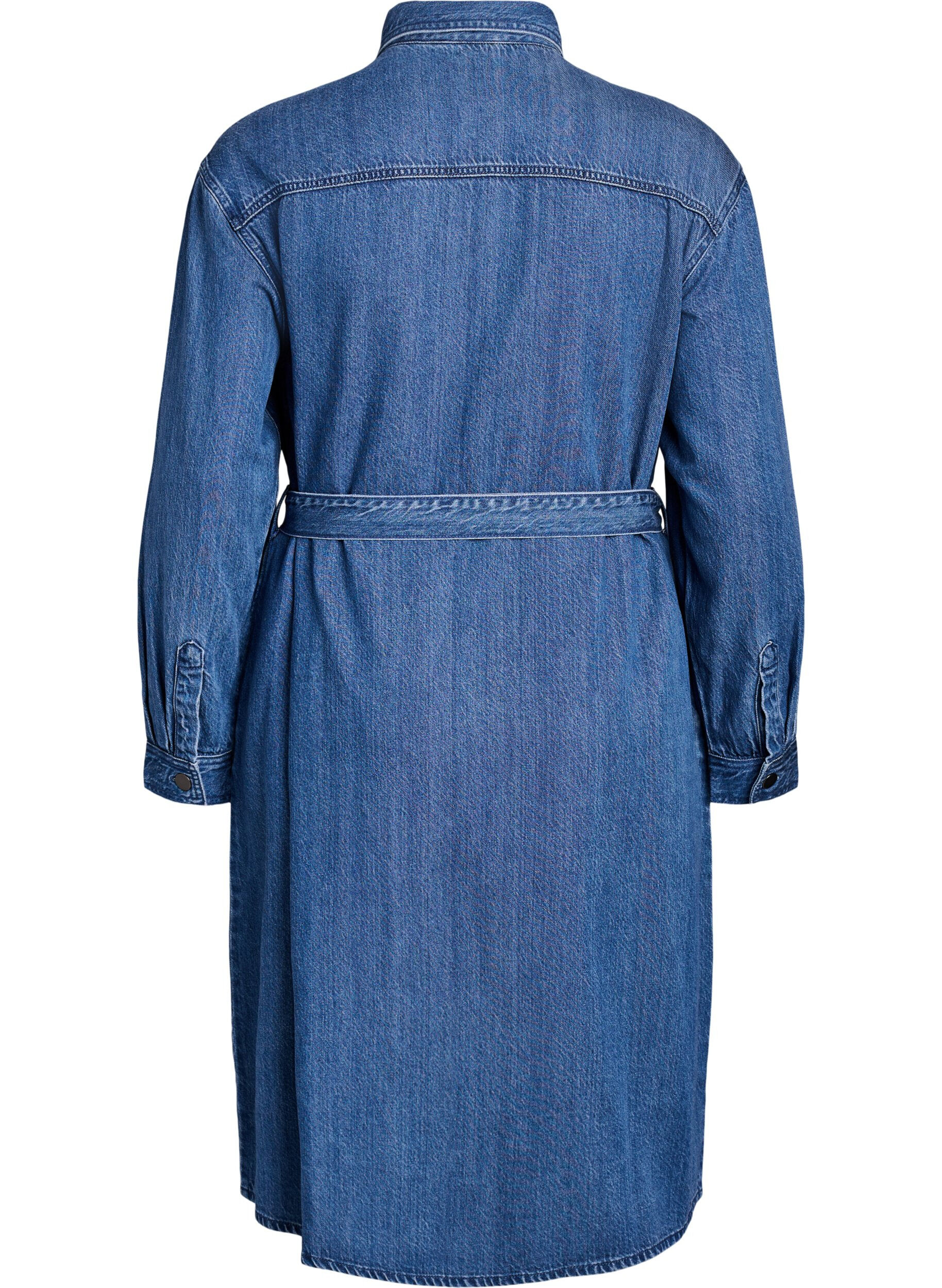 Zizzi Robe chemise en denim avec ceinture &agrave; nouer et poches lat&eacute;rales, Bleu, Packshot image number 1