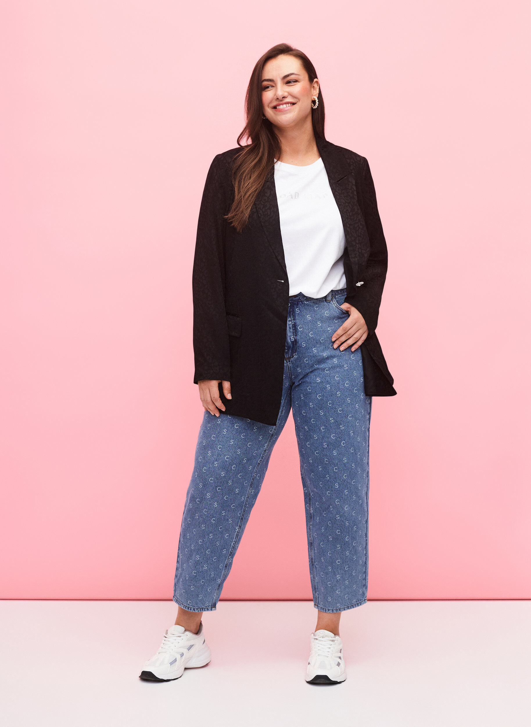 Zizzi Jean coupe femme raccourci avec imprim&eacute; et taille haute, Blue denim, Model image number 0