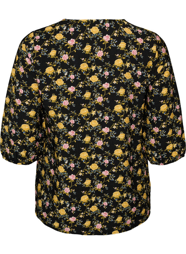 Blouse imprim&eacute;e en viscose avec manches 3/4, Noir, Packshot image number 1