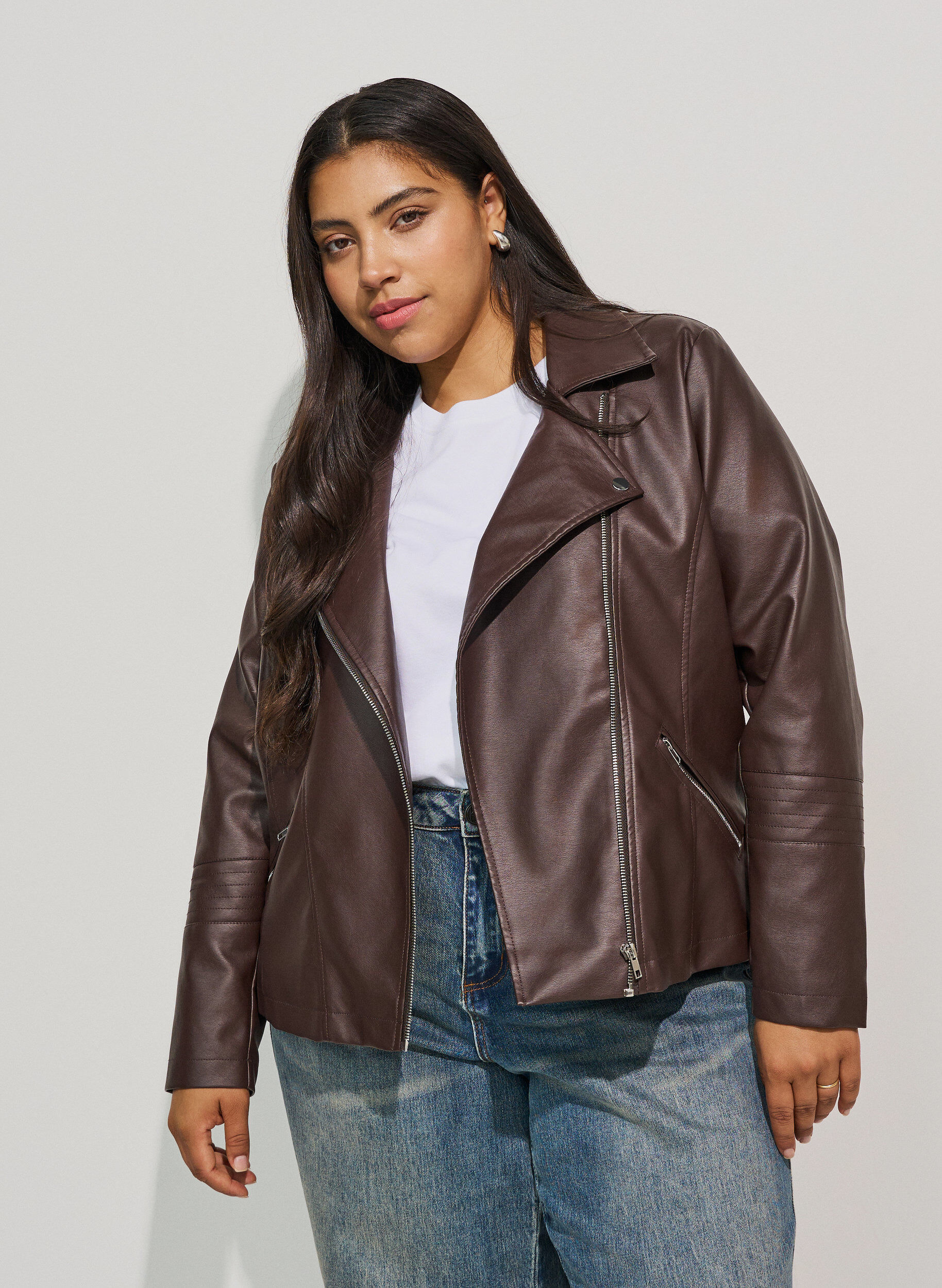 ZizziVeste biker en similicuir, Marron, Model image number 3