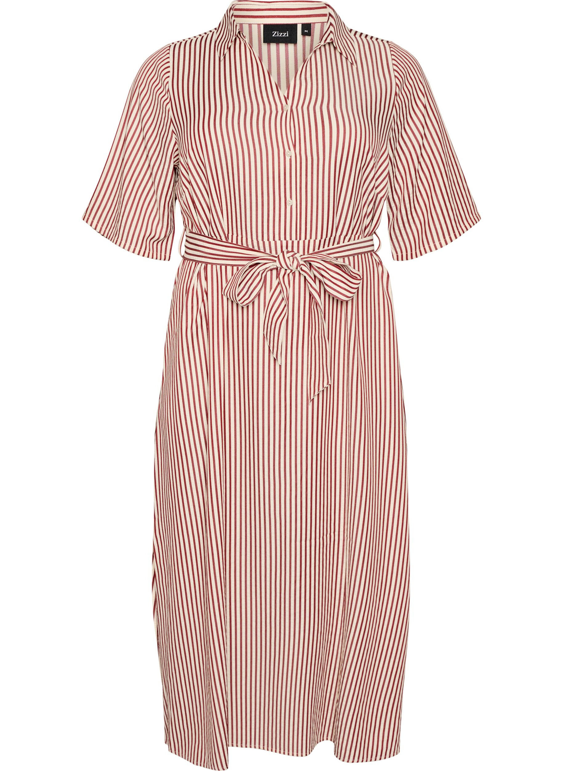 ZizziRobe-chemise longue jusqu&rsquo;aux chevilles avec ceinture &agrave; nouer et rayures, Bordeaux, Packshot image number 0