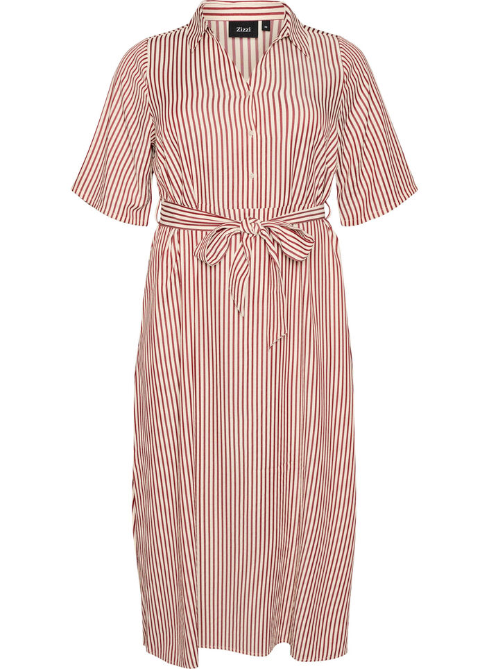 Robe-chemise longue jusqu&rsquo;aux chevilles avec ceinture &agrave; nouer et rayures, Bordeaux, Packshot image number 0