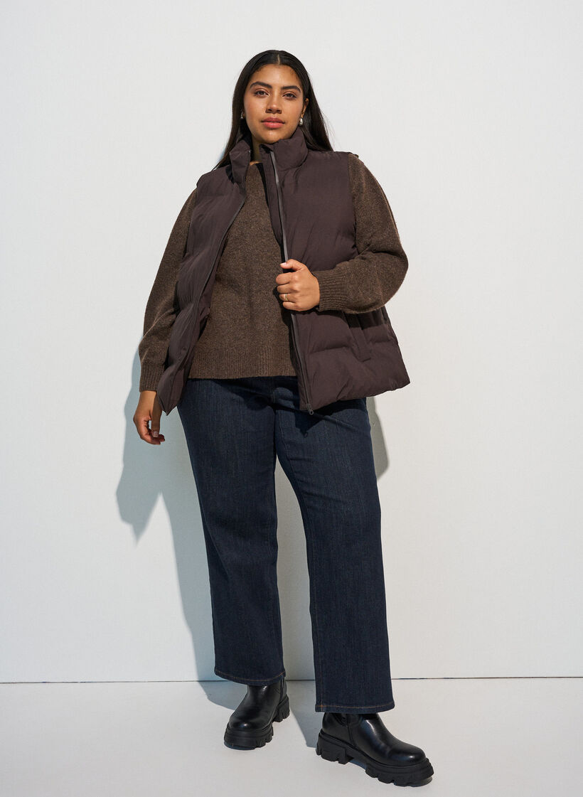 Doudoune sans manches courte avec col montant, Marron, Model image number 1