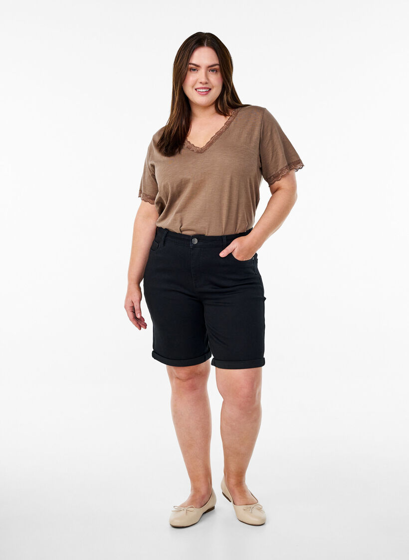 T-shirt avec finitions en dentelle, Marron, Model image number 1