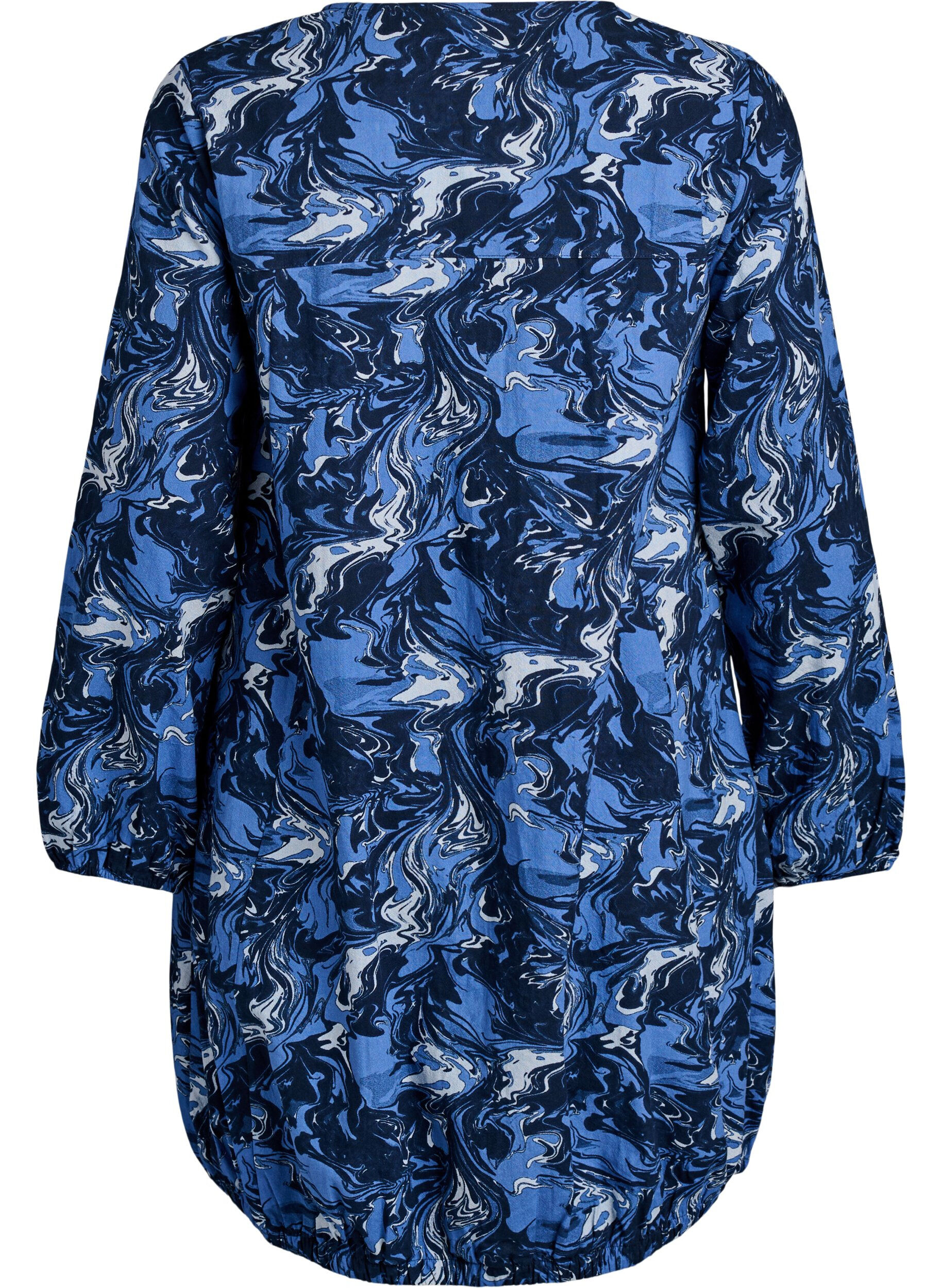 ZizziRobe courte en coton avec un ourlet &eacute;lastique et des manches longues, Bleu, Packshot image number 1