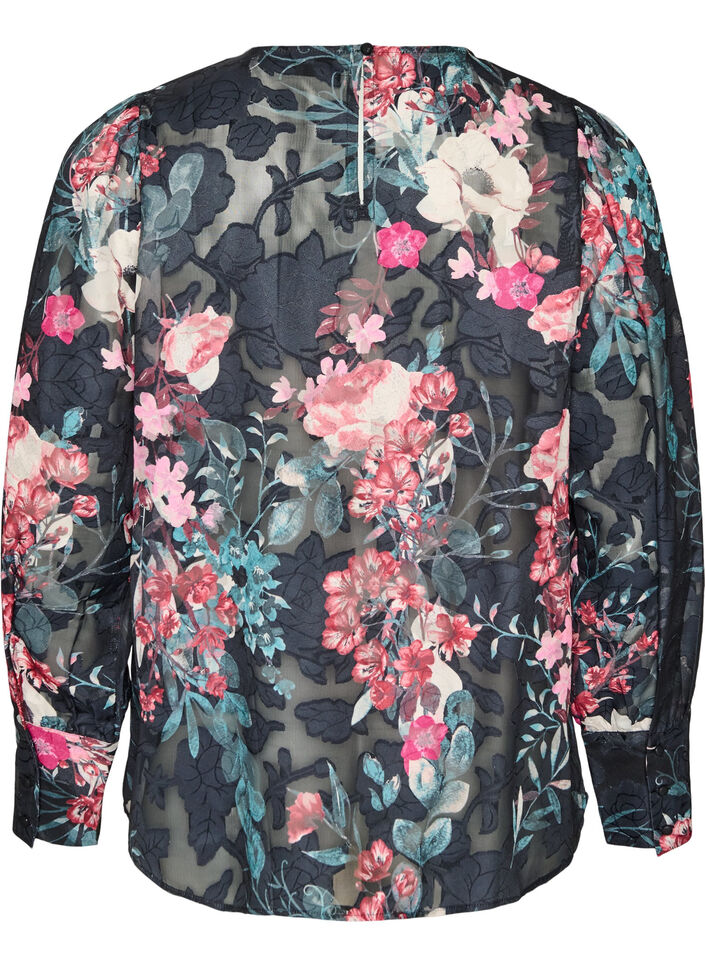 Blouse fleurie &agrave; la texture tiss&eacute;e, Noir, Packshot image number 1