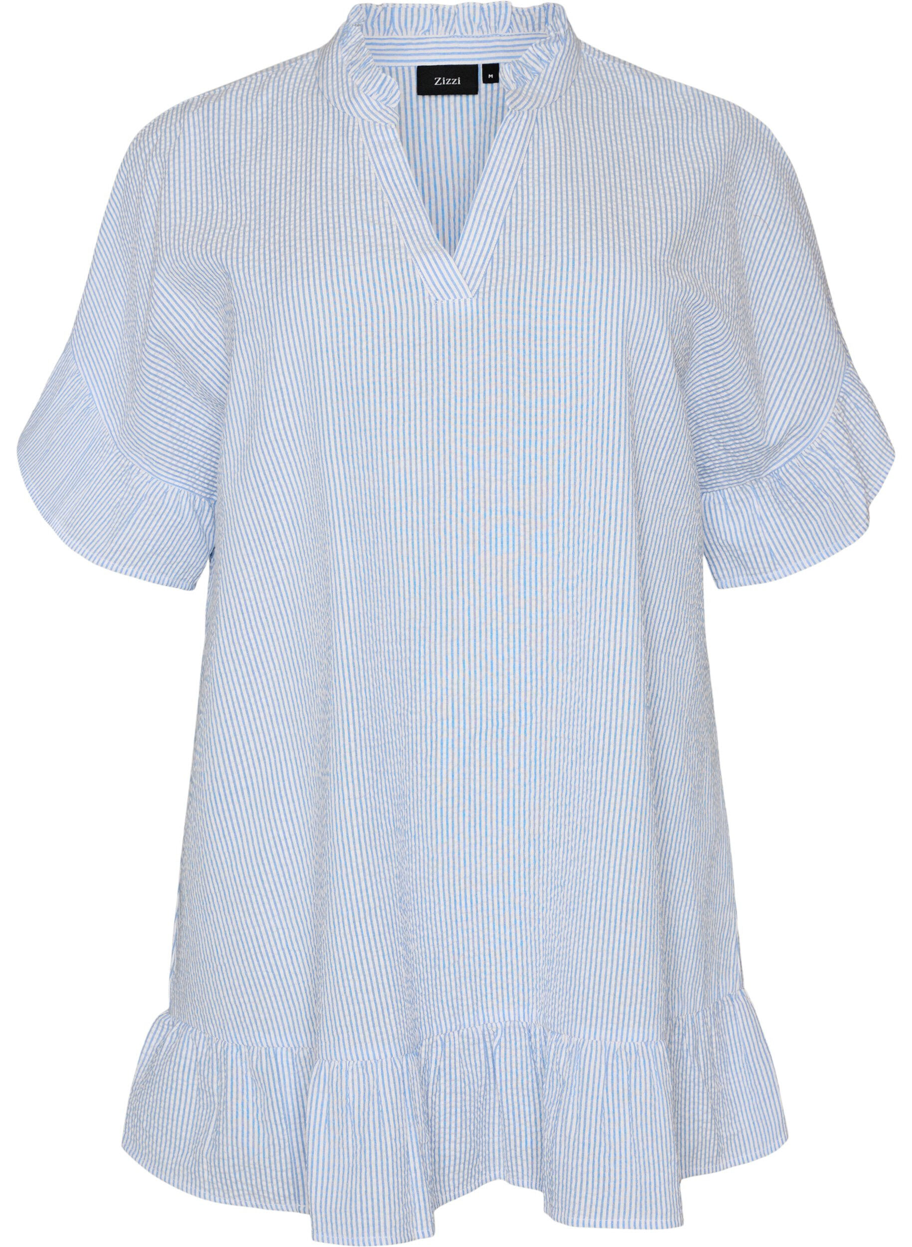 ZizziTunique en coton &agrave; rayures et avec volants, Bleu Clair, Packshot image number 0