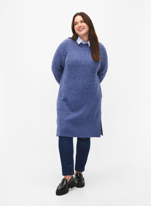 Robe en tricot côtelé avec fente, Gray Blue Mel., Model image number 2
