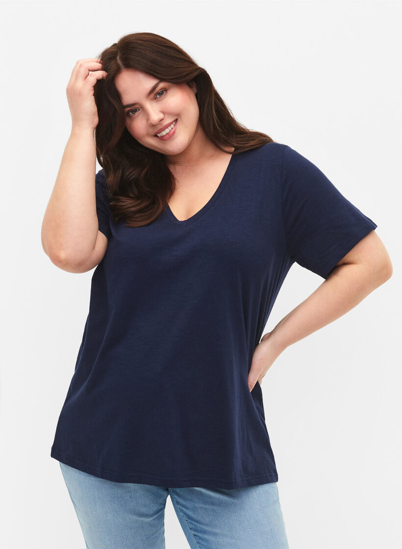 T-shirt basique &agrave; manches courtes et col en V, Bleu, Model image number 0