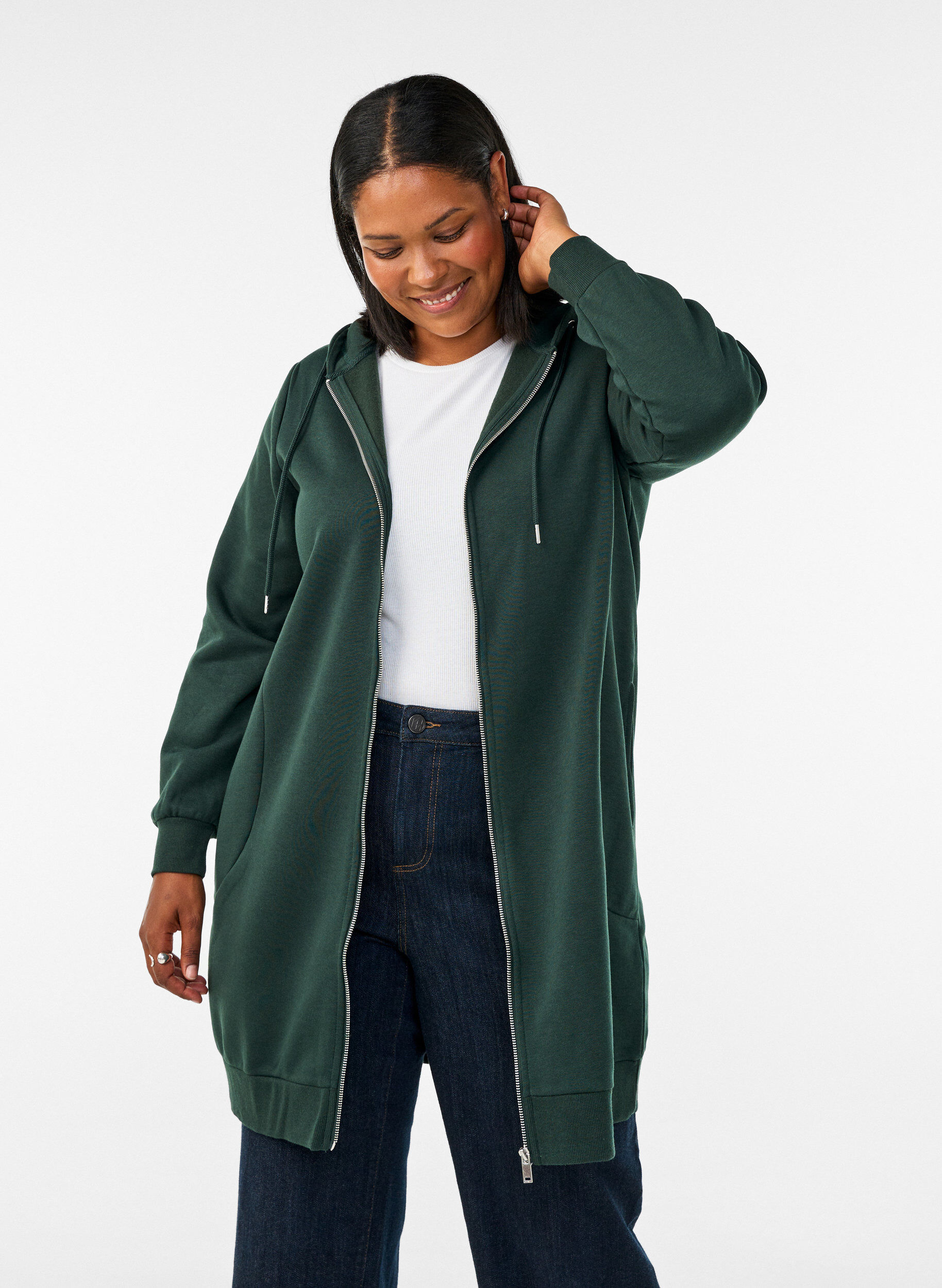 Sweat &agrave; capuche long avec zip et poches, Vert fonc&eacute;, Model