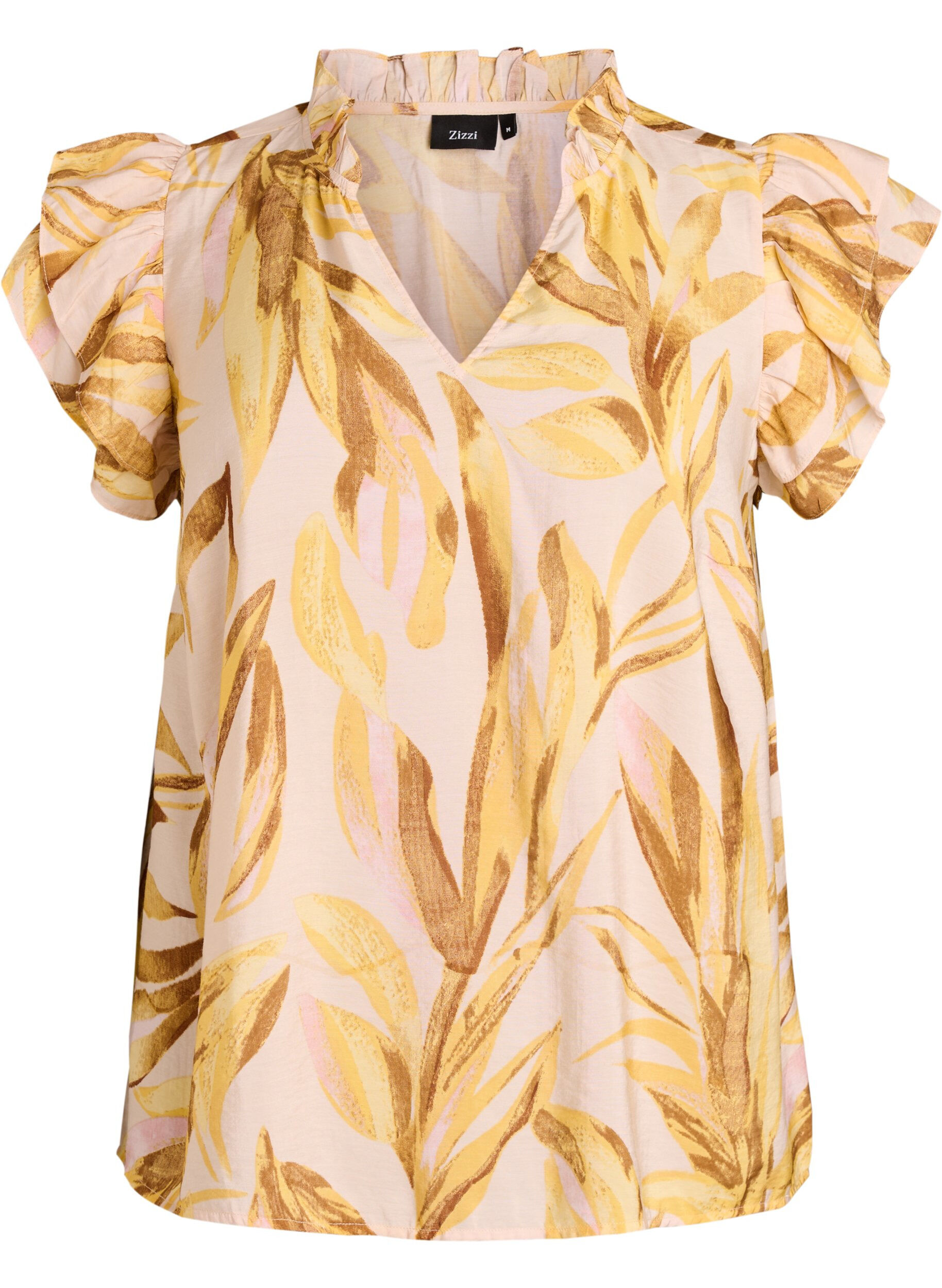 Blouse en viscose &agrave; imprim&eacute; feuillage avec volants