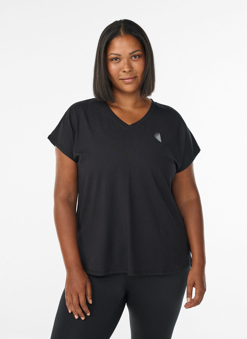 T-shirt de sport &agrave; manches courtes avec col en V, Noir, Model image number 0