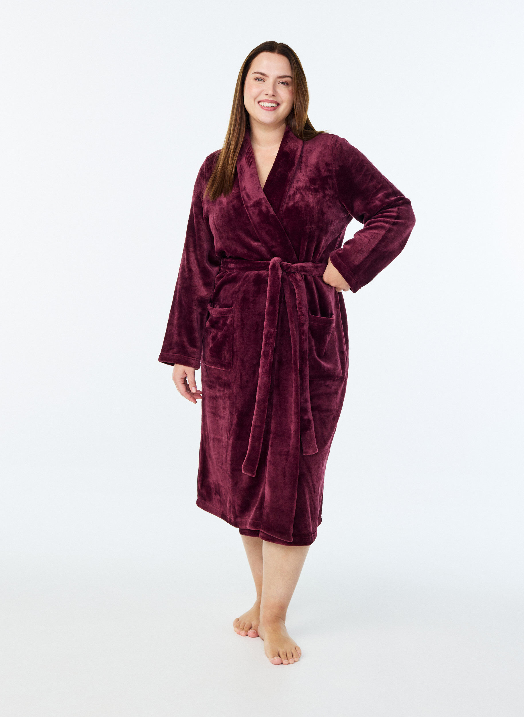 ZizziPeignoir en velours doux avec poches, Bordeaux fonc&eacute;, Model image number 0
