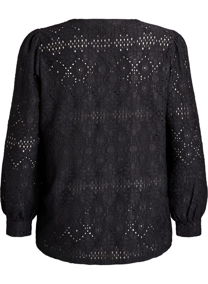Blouse à manches longues avec broderie ajourée, Noir, Packshot image number 1