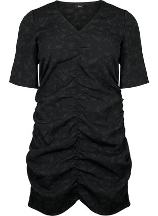 Robe à manches courtes avec tissu texturé et drapés, Black, Packshot image number 0