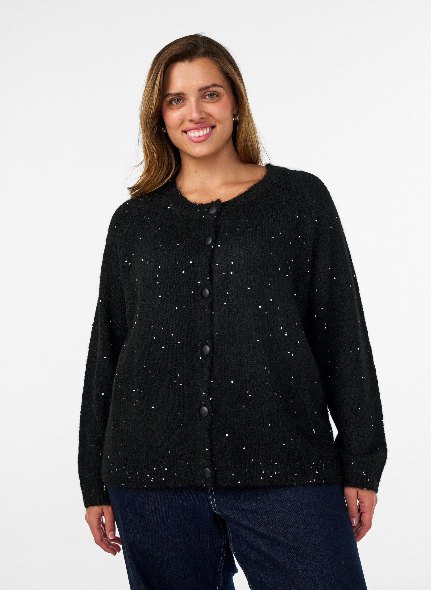Cardigan avec sequins et boutons, Noir, Model
