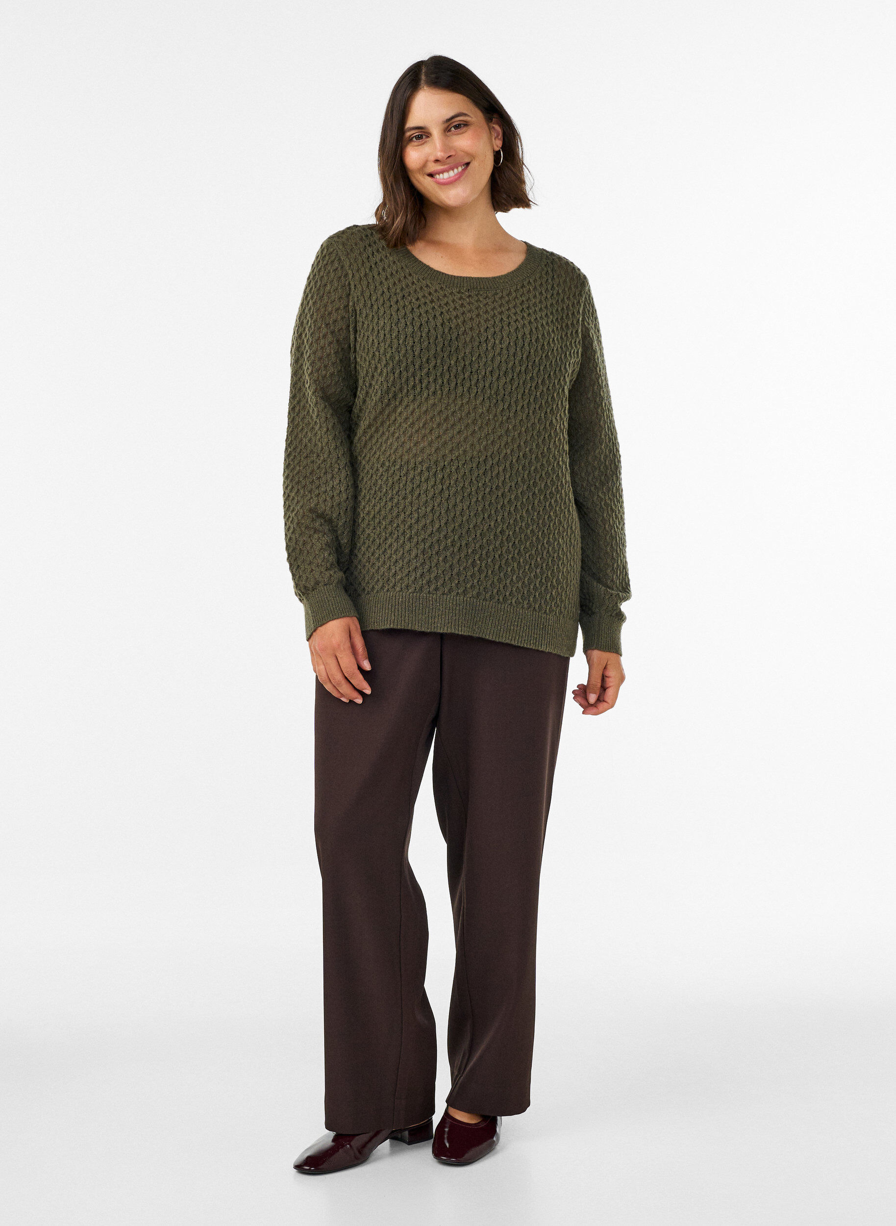 ZizziBlouse en maille avec motif ajour&eacute; textur&eacute;, Vert fonc&eacute;, Model image number 1