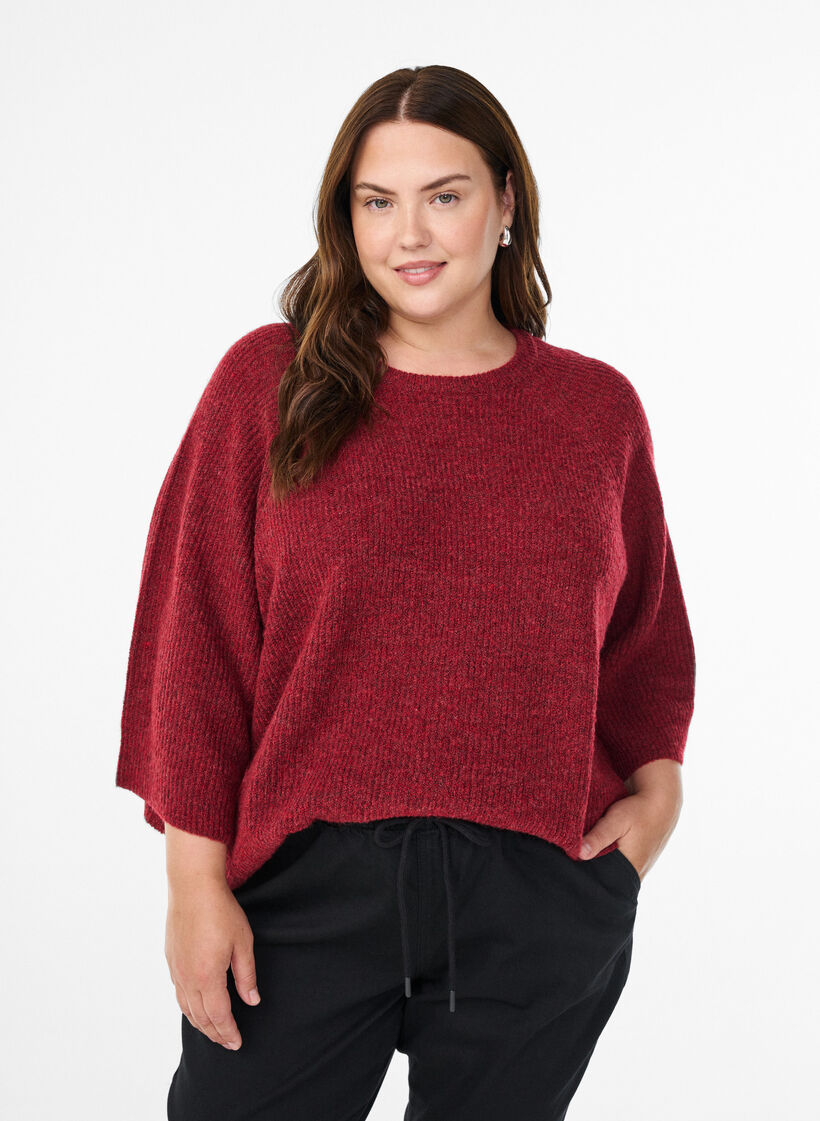 Pull c&ocirc;tel&eacute; &agrave; manches 3/4, Rouge, Model image number 0