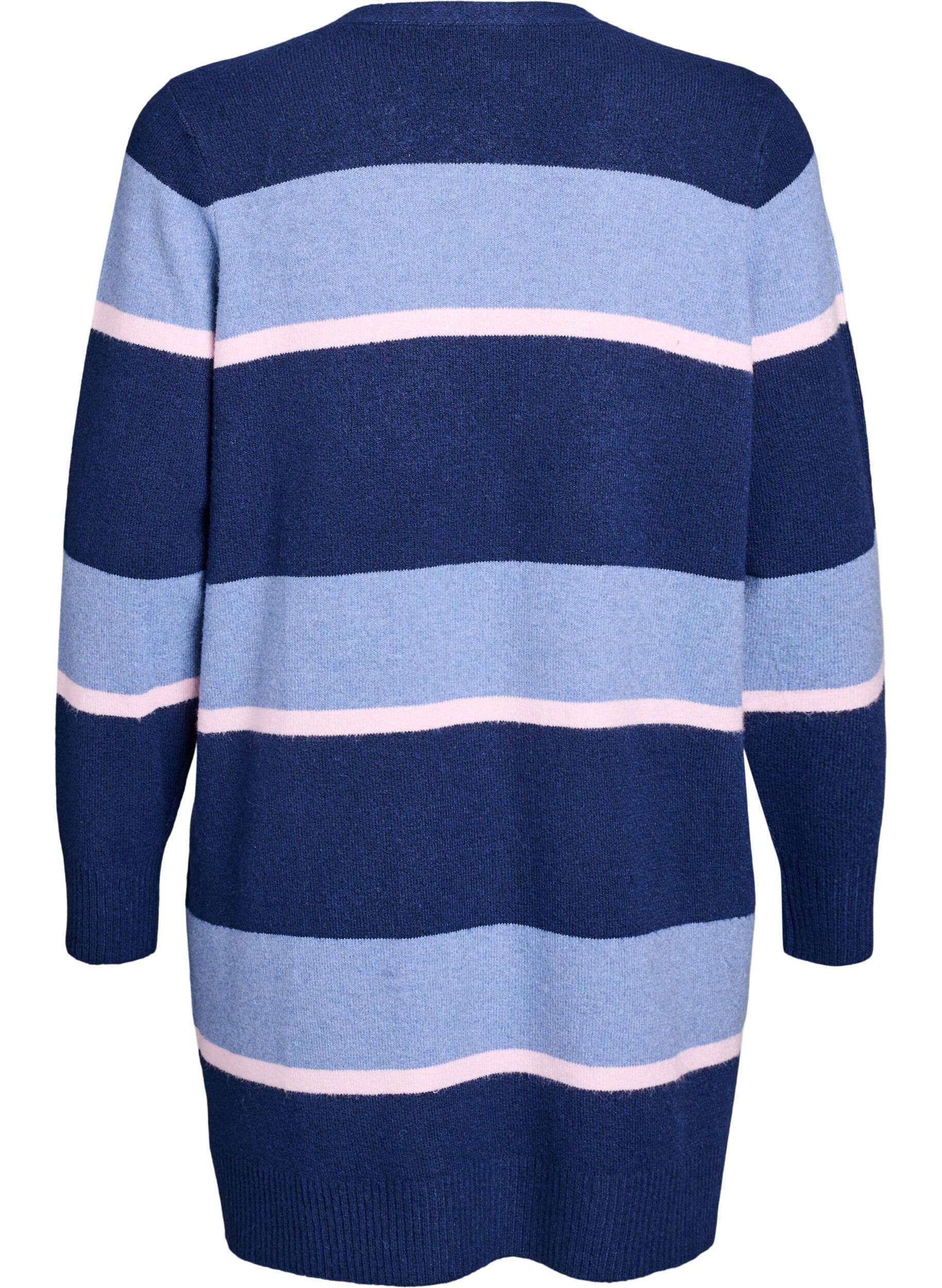 Zizzi Cardigan long en tricot avec rayures larges, Bleu, Packshot image number 1