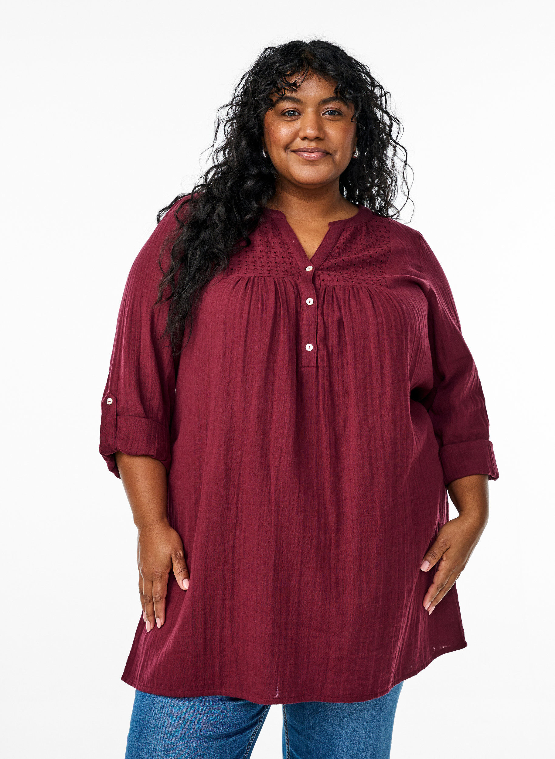 ZizziTunique en mousseline de coton avec broderie anglaise, Bordeaux fonc&eacute;, Model image number 0