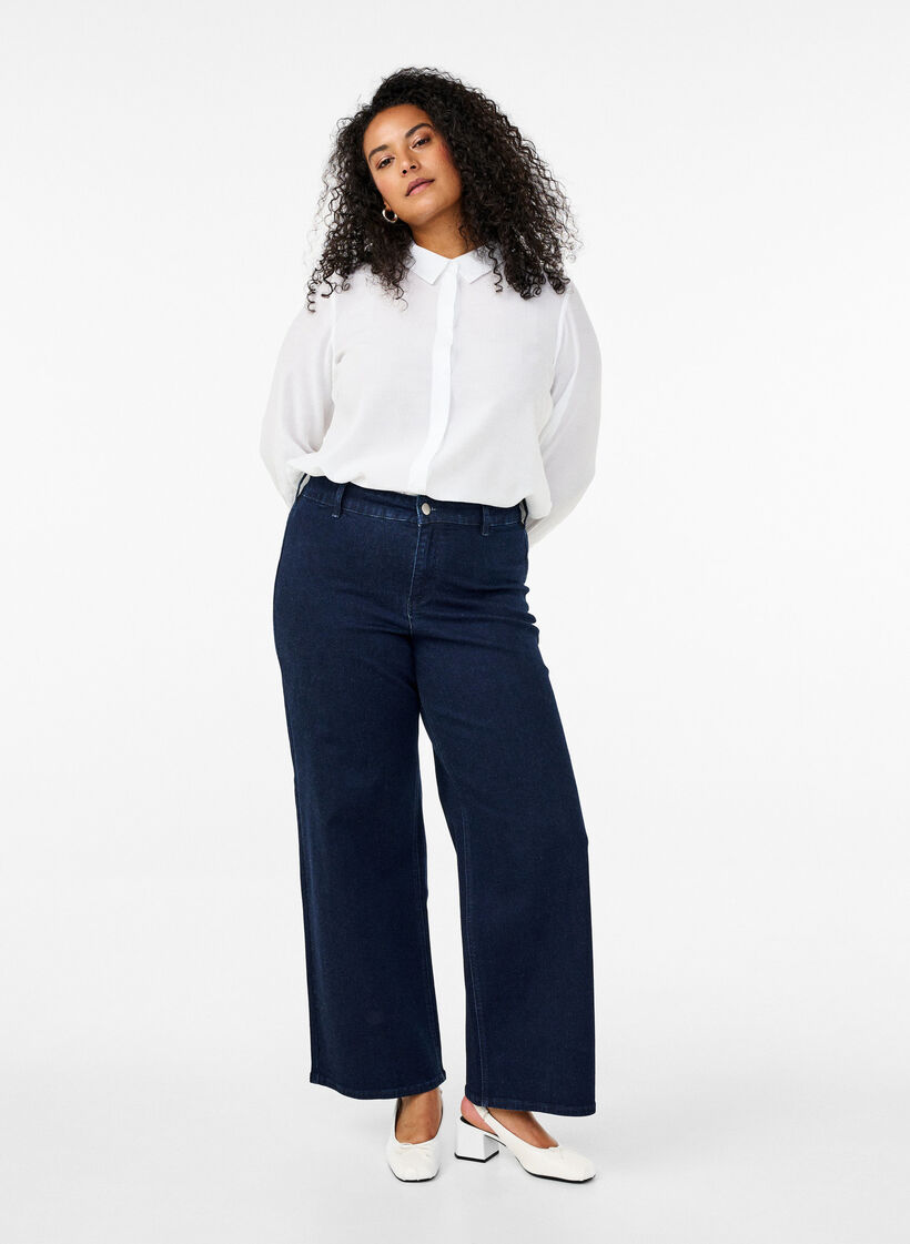 Jean large taille haute, Bleu, Model image number 0