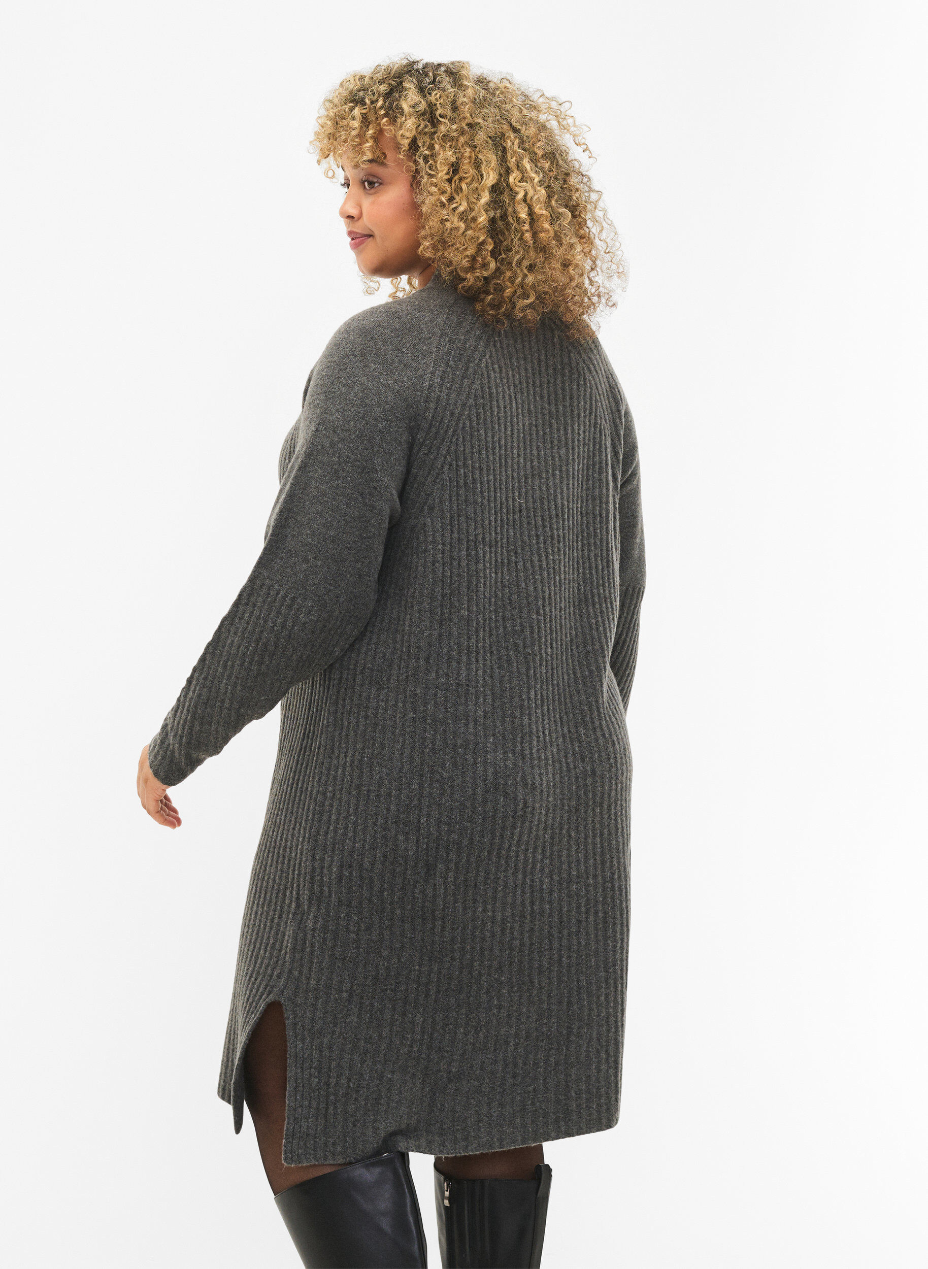 Zizzi Robe en Tricot C&ocirc;tel&eacute; avec Col roul&eacute;, Dark Grey Melange, Model image number 1
